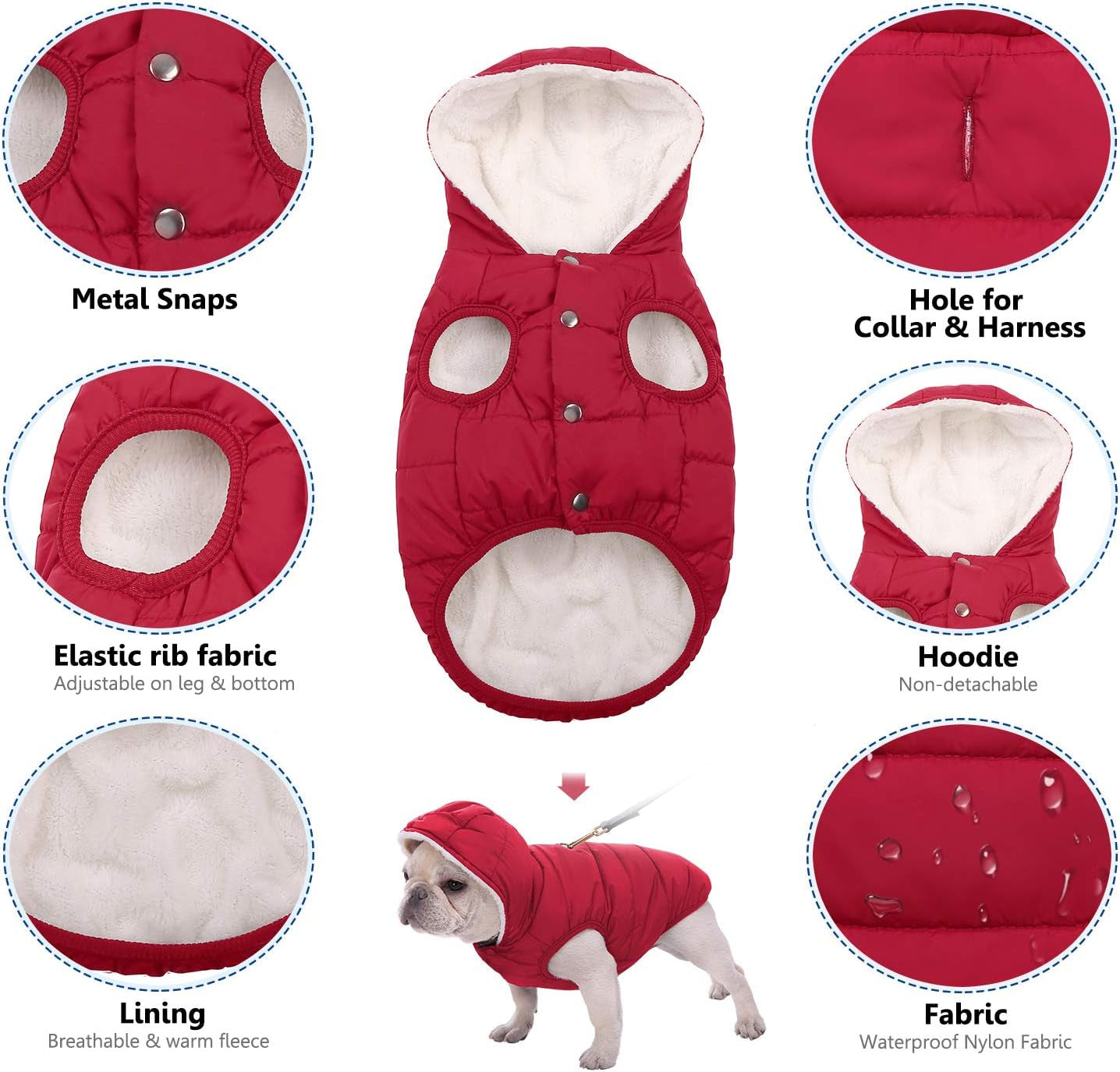 Dog Fleece Hoodie, Windproof Waterproof Dog Coat Fleece & Cotton Lined Warm Dog Jacket, Cold Weather Pet Apparel Clothes Vest for Small Medium Large Dog (S: Length 10.6