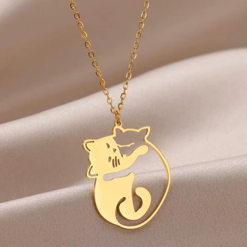 Stainless Steel Necklace for Women Hug Cat Pendant Charm Necklaces Gold Color Choker Neck Chains Aesthetic Jewelry Accessories