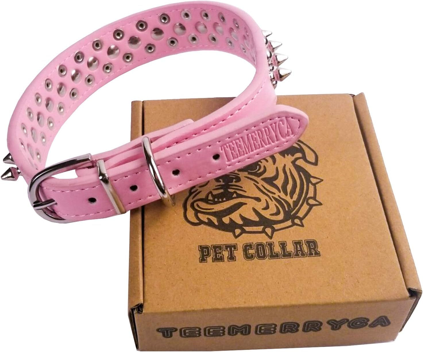 Adjustable Leather Spiked Studded Dog Collars with a Squeak Ball Gift for Small Medium Large Pets like Cats/Pit Bull/Bulldog/Pugs/Husky, Pink, L(15