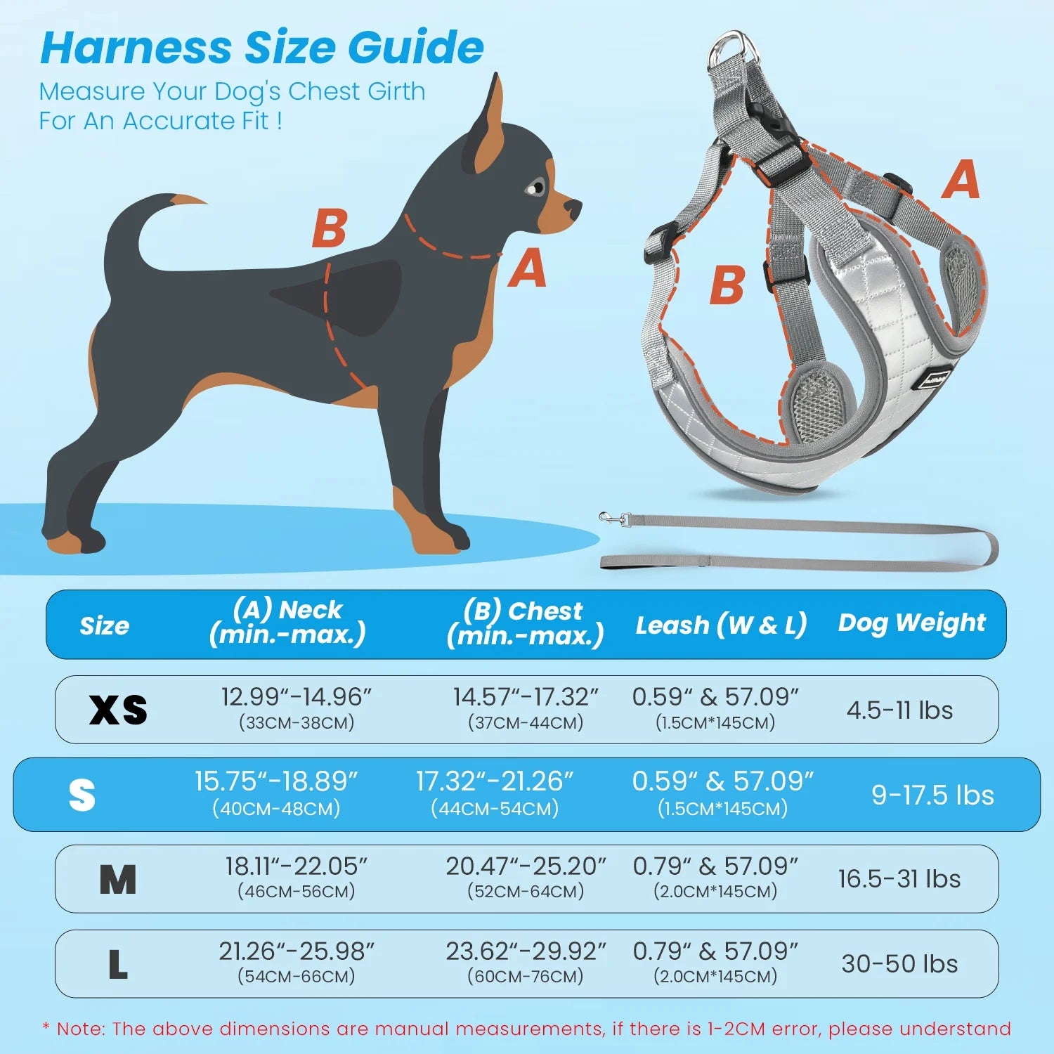 Dog Harness and Leash Combo, Escape Proof No Pull Vest Harness, Step-In Reflective Adjustable Soft Padded Pet Harness for Small to Large Dogs, Gray S