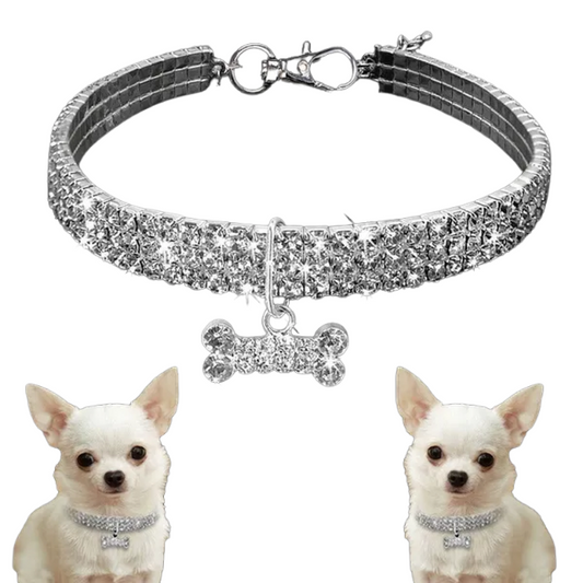 Rhinestone Stretch Pet Collar – Crystal Necklace with Tag Pendant for Dogs & Cats