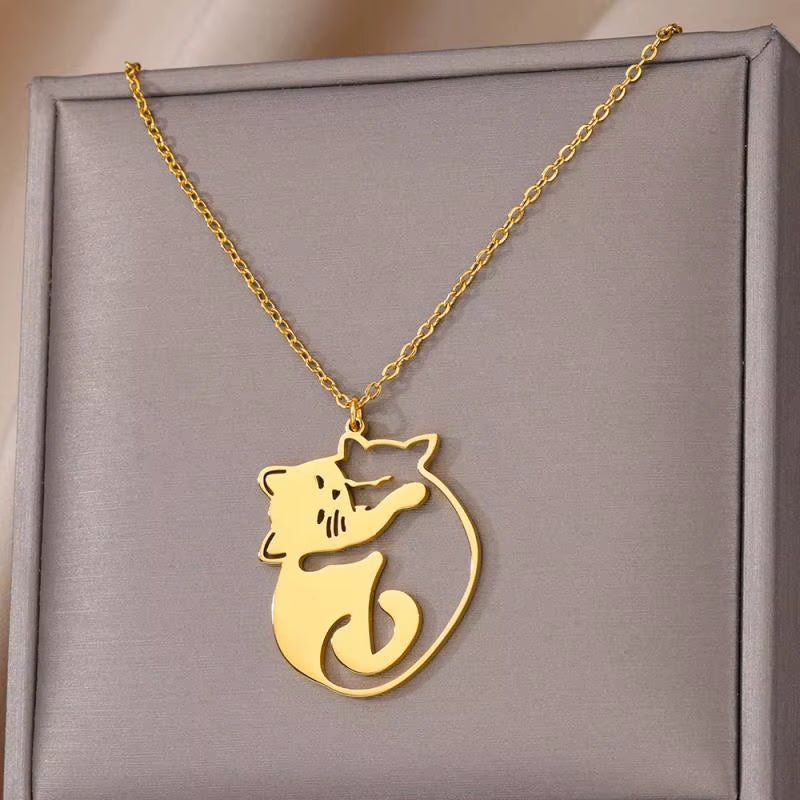 Stainless Steel Necklace for Women Hug Cat Pendant Charm Necklaces Gold Color Choker Neck Chains Aesthetic Jewelry Accessories