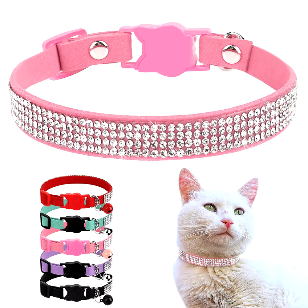 Soft Suede Leather Cat Collar Bling Rhinestone Cats Collars with Bell Safety Breakaway Pet Puppy Necklace Adjustable XS S Pink