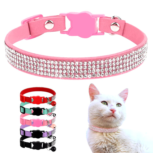 Soft Suede Leather Cat Collar Bling Rhinestone Cats Collars with Bell Safety Breakaway Pet Puppy Necklace Adjustable XS S Pink