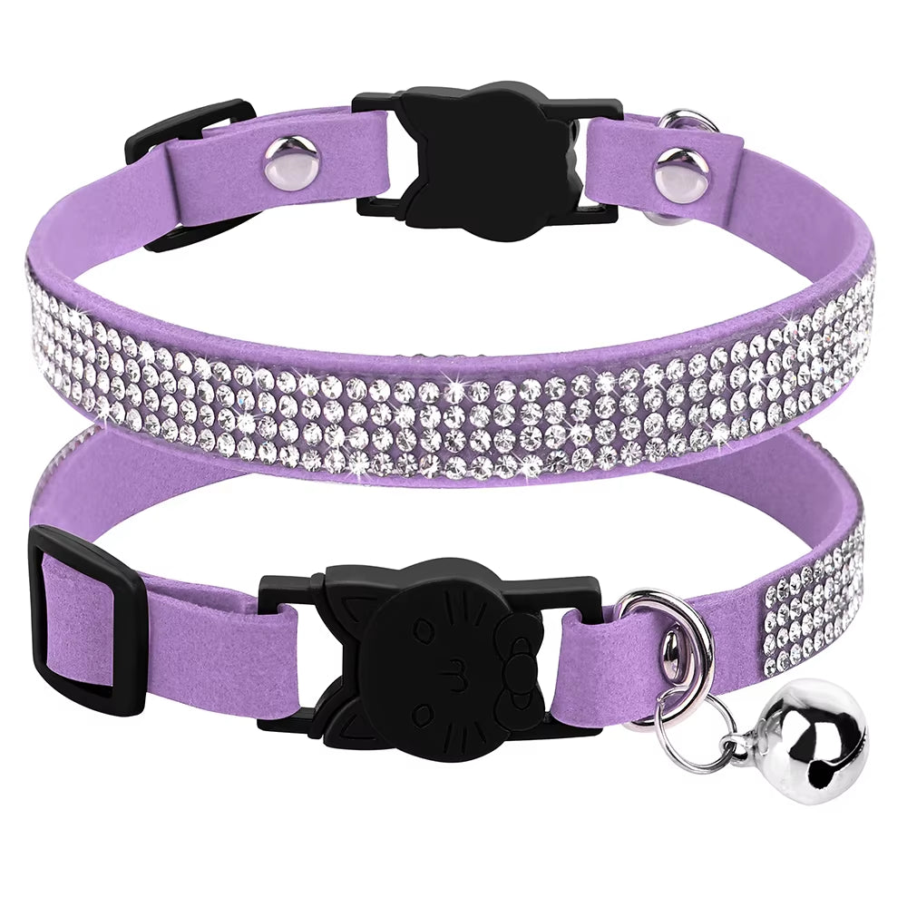 Soft Suede Leather Cat Collar Bling Rhinestone Cats Collars with Bell Safety Breakaway Pet Puppy Necklace Adjustable XS S Pink