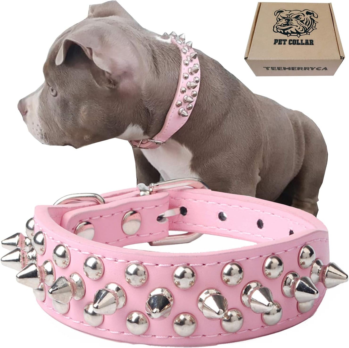 Adjustable Leather Spiked Studded Dog Collars with a Squeak Ball Gift for Small Medium Large Pets like Cats/Pit Bull/Bulldog/Pugs/Husky, Pink, L(15