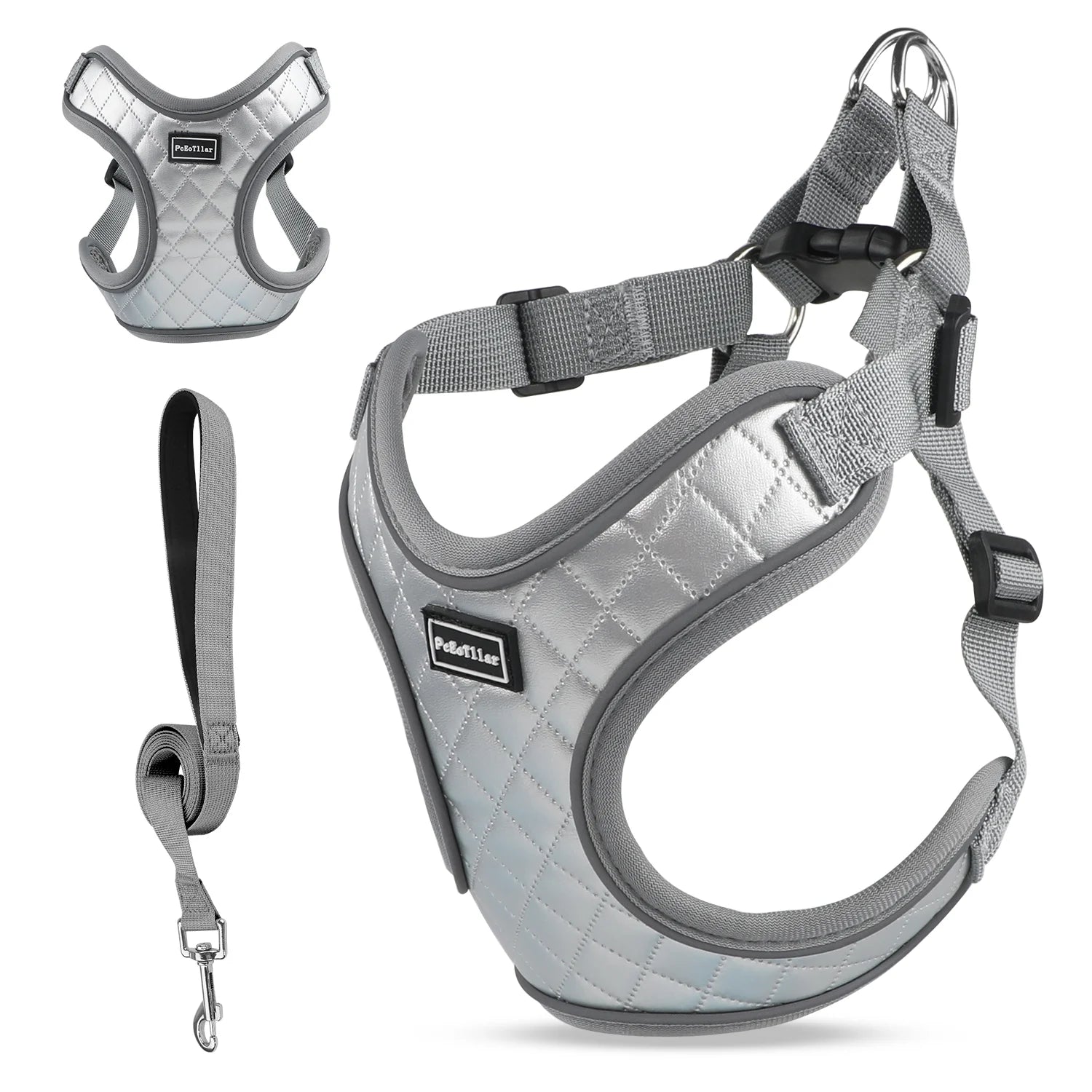 Dog Harness and Leash Combo, Escape Proof No Pull Vest Harness, Step-In Reflective Adjustable Soft Padded Pet Harness for Small to Large Dogs, Gray S